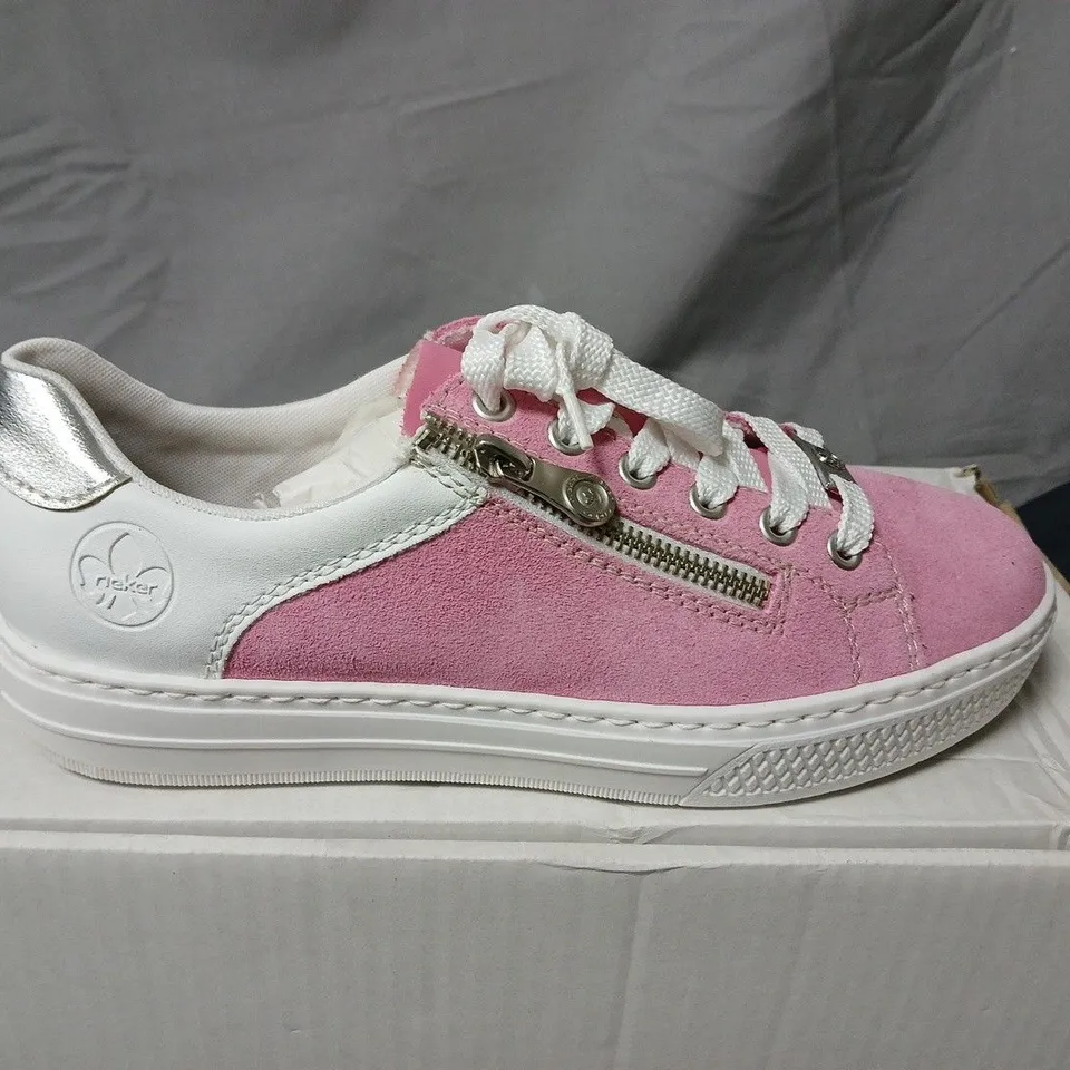 BOXED PAIR OF RIEKER PINK SUEDE TRAINERS – SIZE 39