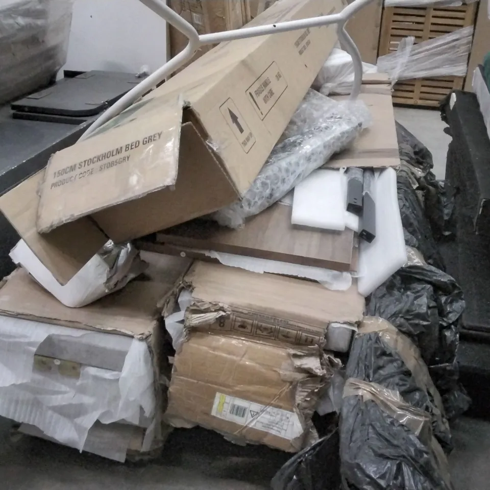 PALLET OF ASSORTED FLATPACK FURNITURE PARTS INCLUDING STOCKHOLM GREY BED, FREE STANDING HALF COLUMN, BED VELVET SIDE PARTS