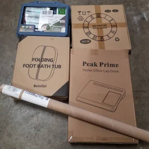 PALLET CONTAINING ASSORTED PRODUCTS INCLUDING DECORATIVE WALL CLOCK, OFFICE LAP DESK, FOLDING FOOT BATH TUB, MICROSCOPE SET & REINFORCING STEEL BARS FOR CONCRETE 