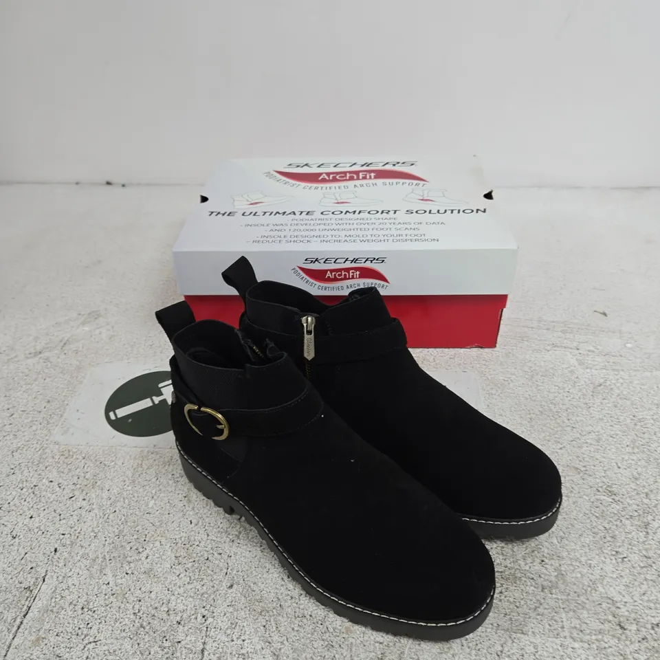 SKECHERS ARCH FIT WOMEN'S BLACK SUEDE ANKLE BOOTS – BUCKLE STRAP, BOXED UK 6 AND HALF