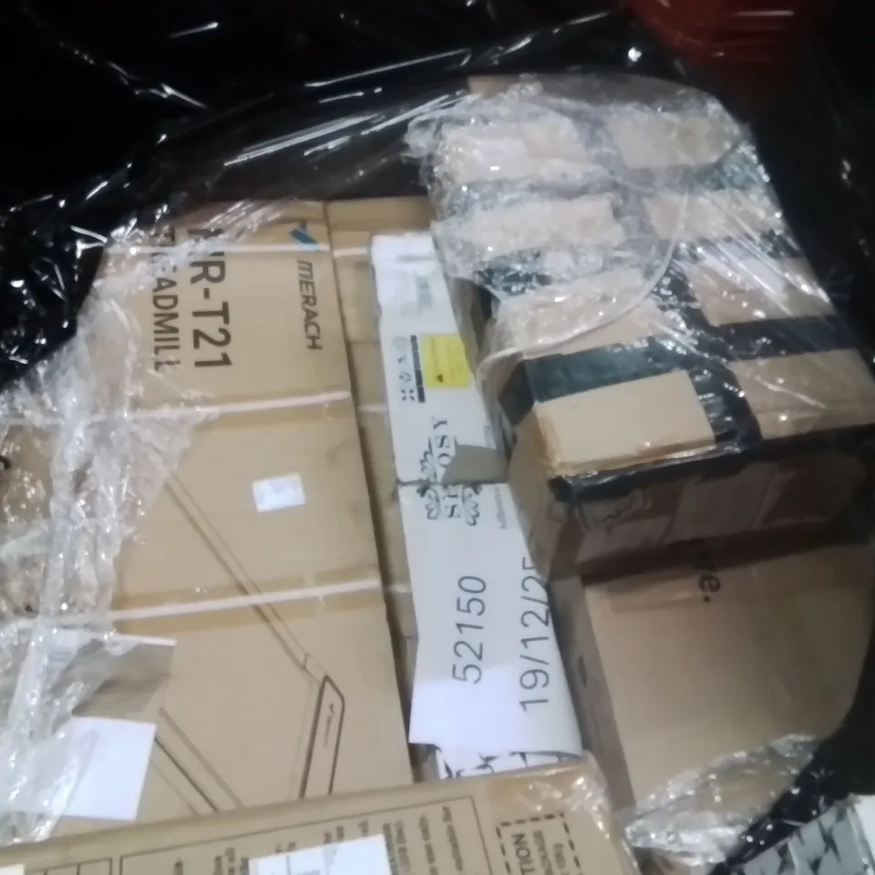 PALLET OF ASSORTED HOUSEHOLD GOODS AND PRODUCTS TO INCLUDE;VINYL FLOORING ADHESIVE,ROWING MACHINE,TREADMILL