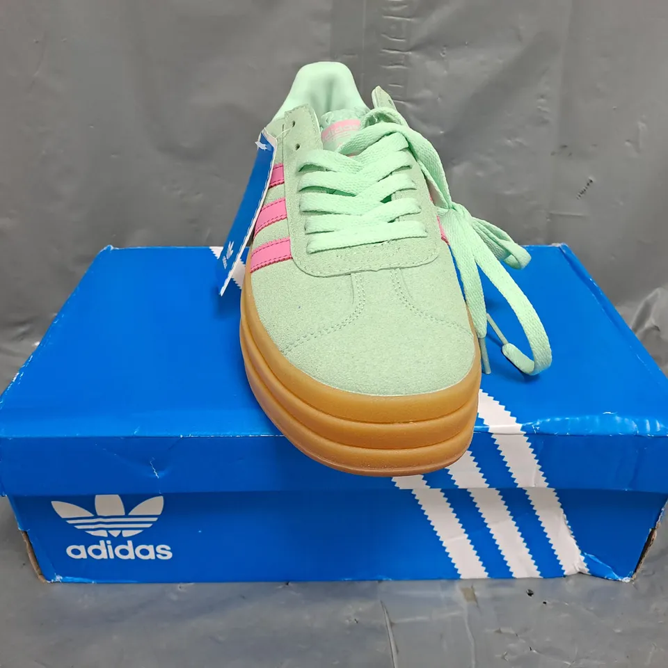 BOXED PAIR OF ADIDAS WOMEN'S GAZELLE BOLD SHOES IN MINT GREEN/PINK SIZE UK 6.5