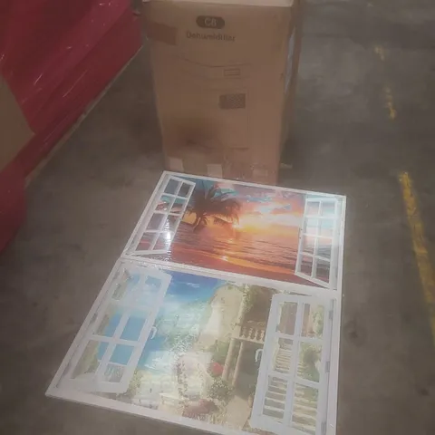 PALLET OF ASSORTED HOUSEHOLD GOODS AND PRODUCTS TO INCLUDE; DEHUMIDIFIER, FRAMED DECOR ITEMS, BOXED FURNITURE ETC