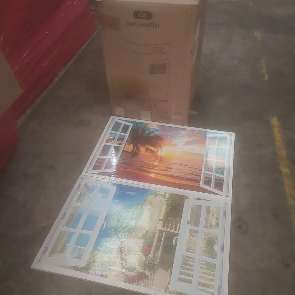 PALLET OF ASSORTED HOUSEHOLD GOODS AND PRODUCTS TO INCLUDE; DEHUMIDIFIER, FRAMED DECOR ITEMS, BOXED FURNITURE ETC