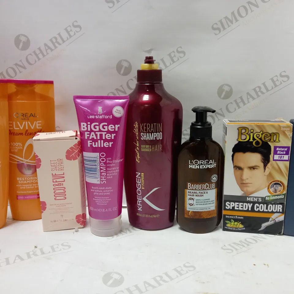 LOT OF APPROX 8 ASSORTED HAIRCARE PRODUCTS TO INCLUDE LEE STAFFORD BIGGER TALLER FULLER SHAMPOO, COCO&EVE HAIR MASK, L'OREAL MEN EXPEFRT BARBER CLUB MULTI-WASH, ETC 