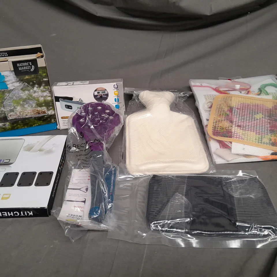 BOX OF ASSORTED HOUSEHOLD ITEMS TO INCLUDE KITCHEN SCALES, HOT WATER BOTTLE AND WINDOW FEEDER