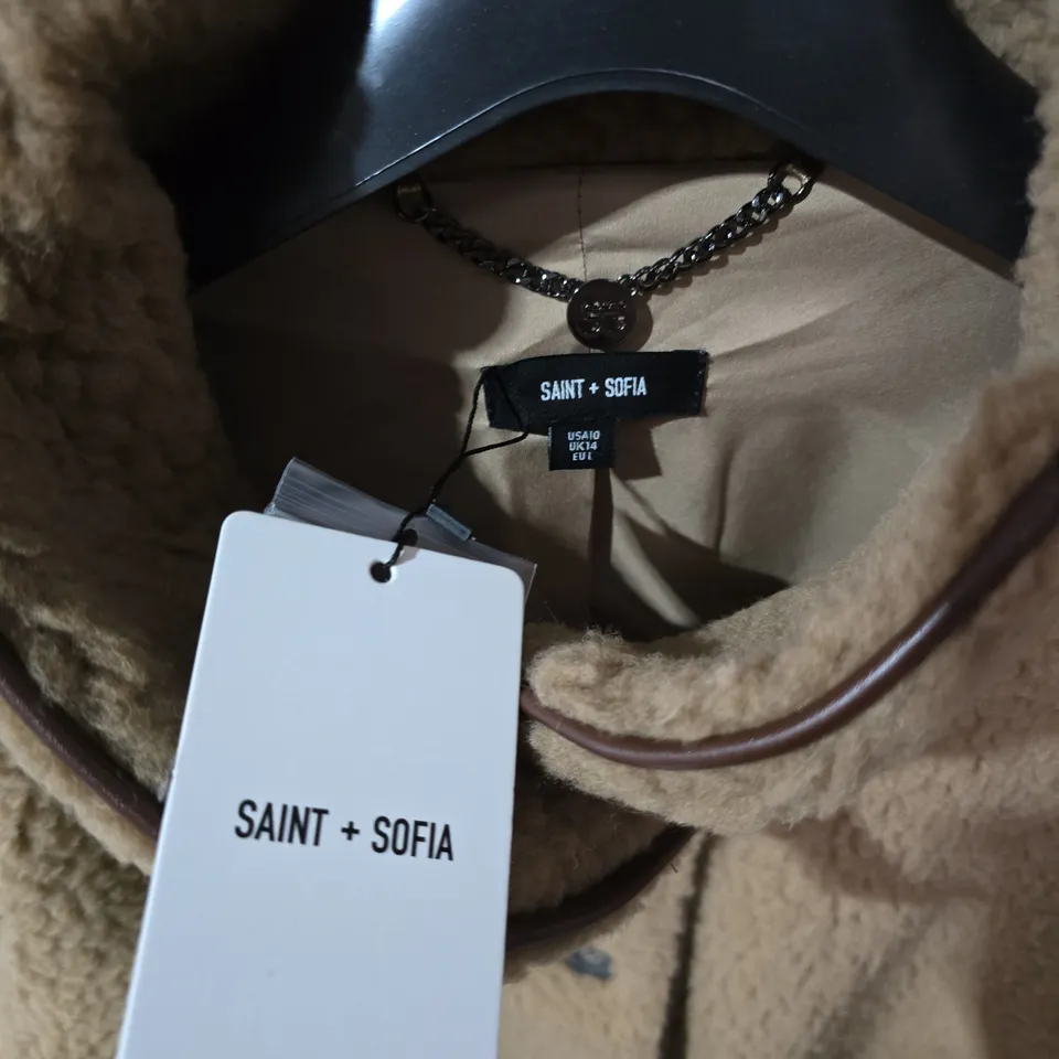 UK 14 SAINT + SOFIA RUMER TEDDY COAT – CAMEL