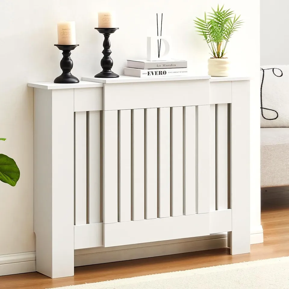 BOXED EXTENDABLE RADIATOR COVER WHITE, HORIZONTAL ADJUSTABLE HEATER COVER WITH MODERN SLATS SHELF, WOODEN DECORATIVE FOR LIVING ROOM, HALLWAY (W75-105CM)