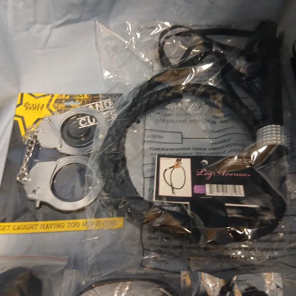 LARGE QUANTITY OF ASSORTED SEX TOYS TO INCLUDE; LEG AVENUE BDSM RESTRAINTS SET WITH LEATHER COLLAR, CUFFS & CHAINS