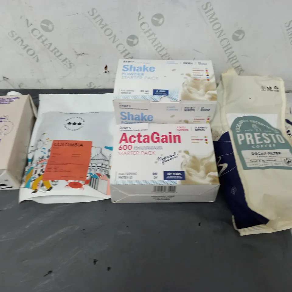 APPROXIMATELY 5 ASSORTED FOOD ITEMS TO INCLUDE - PRESTO COFFEE DECAF, BARISTA OAT MILK, AND ACTAGAIN 600 STARTER PACK ETC. 