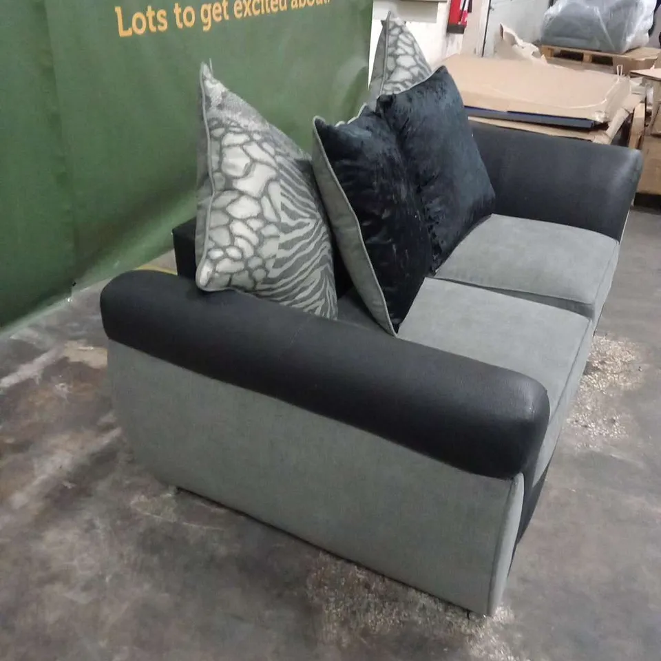 DESIGNER BLACK SUEDE EFFECT AND GREY FABRIC TWO SEATER SOFA WITH SCATTER CUSHIONS