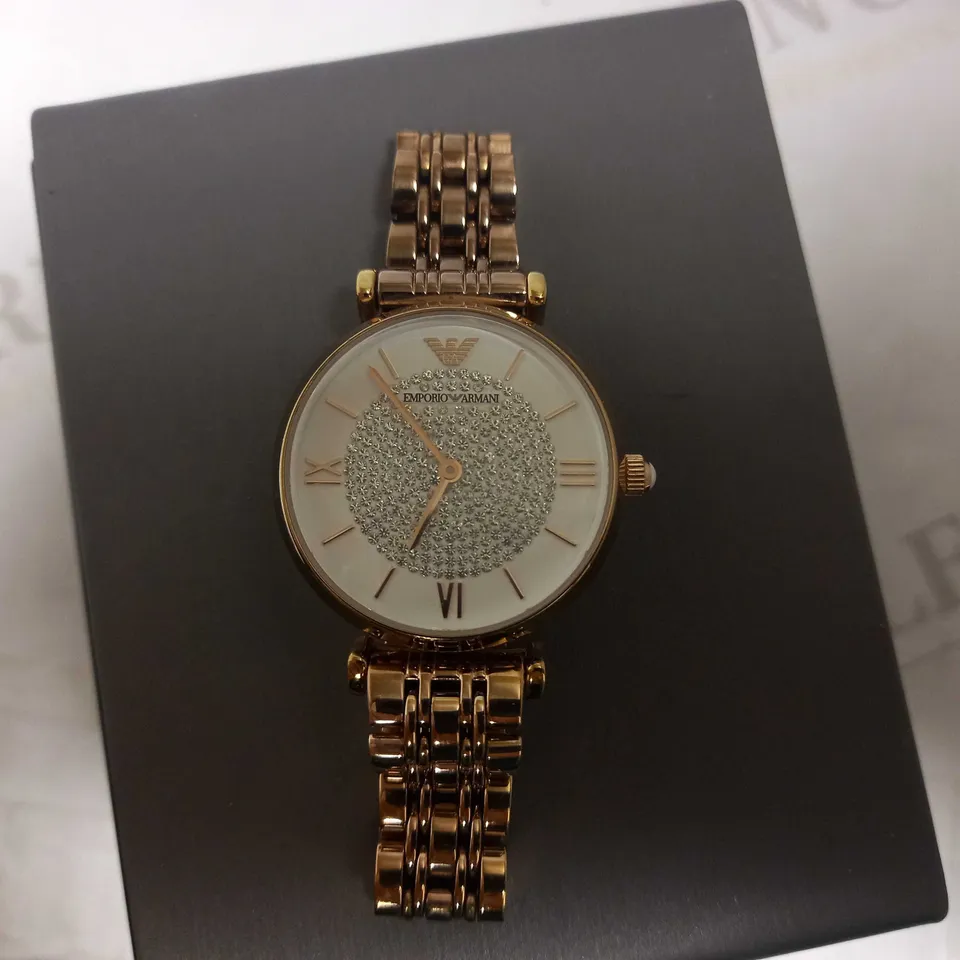 EMPORIO ARMANI WOMENS TWO-HAND ROSE GOLD-TONE STAINLESS STEEL WATCH RRP £379