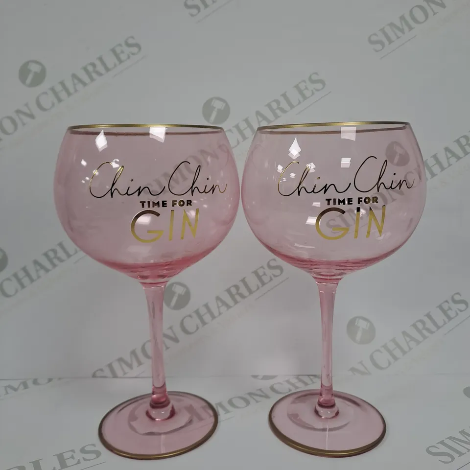 BOXED BRAND NEW SET OF 2 PINK GIN GLASSES 'CHIN CHIN TIME FOR GIN'