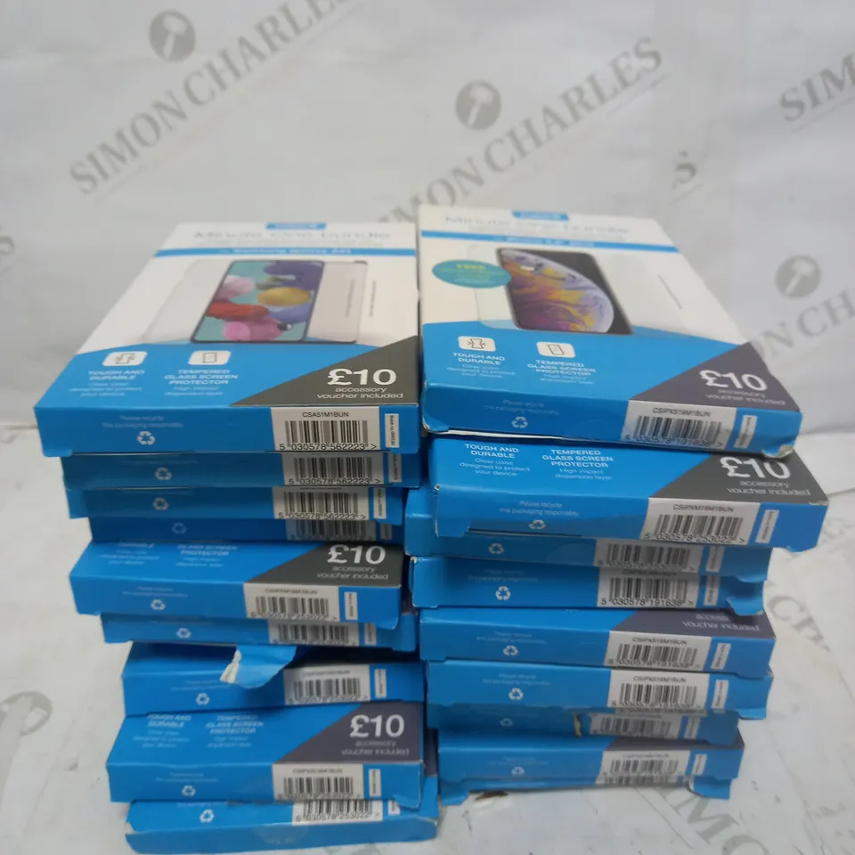 BOX OF 20 MINUTE ONE CLEAR CASE & SCREEN PROTECTOR KITS FOR ASSORTED SMARTPHONE MODELS TO INCLUDE GALAXY A51, IPHONE 11 PRO MAX, IPHONE 5.8" ETC
