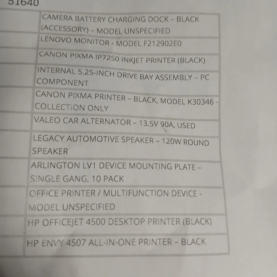 APPROXIMATELY 11 ASSORTED PRODUCTS TO INCLUDE; HP OFFICE JET, CAMERA BATTERY CHARGING DOCK, LENOVO MONITOR AND LEGACY AUTOMOTIVE SPEAKER