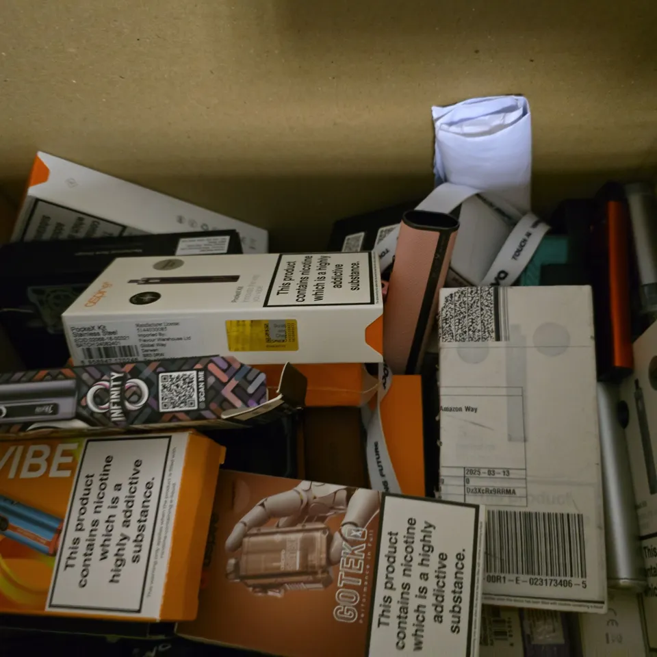 BOX OF APPROXIMATELY 18 ASSORTED E-CIGARETTES PRODUCTS TO INCLUDE - VAPORESSO, ASPIRE , GEEK VAPE 