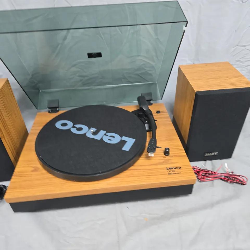 LENCO LS-300 BLUETOOTH TURNTABLE WITH WOOD PLINTH, GLASS DUST COVER & TWIN SPEAKERS