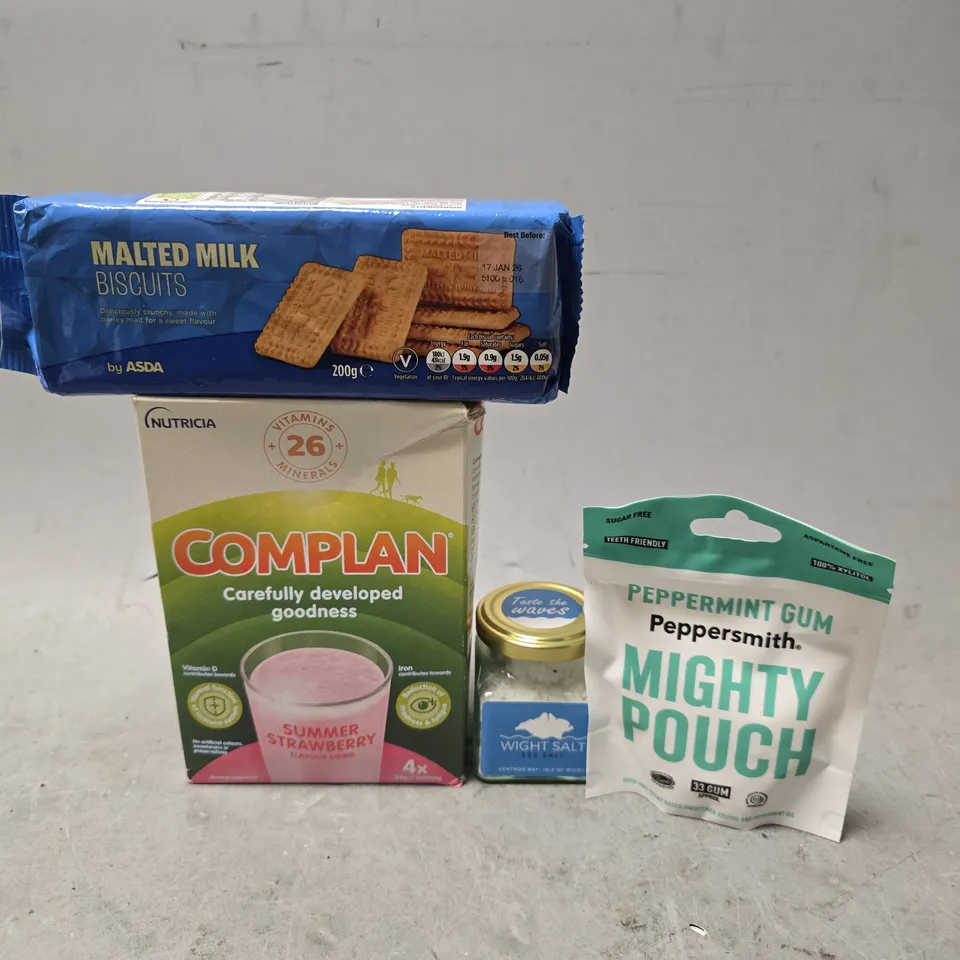 APPROXIMATELY 14 ASSORTED FOOD ITEMS TO INCLUDE - MALTED MILK , WIGHT SALT , MIGHTY CHEWING GUM ETC