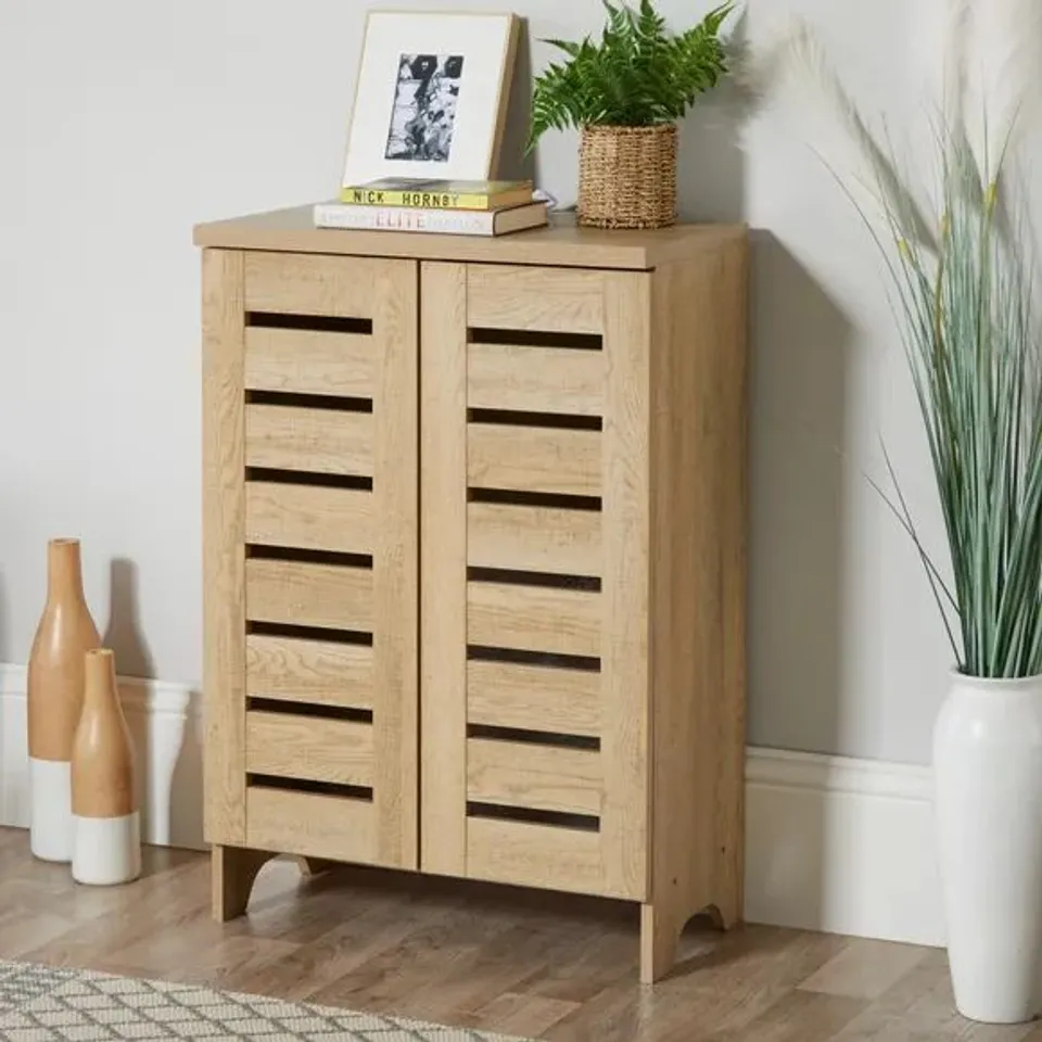 BOXED OAK EFFECT SLATTED DOOR SHOE CABINET 