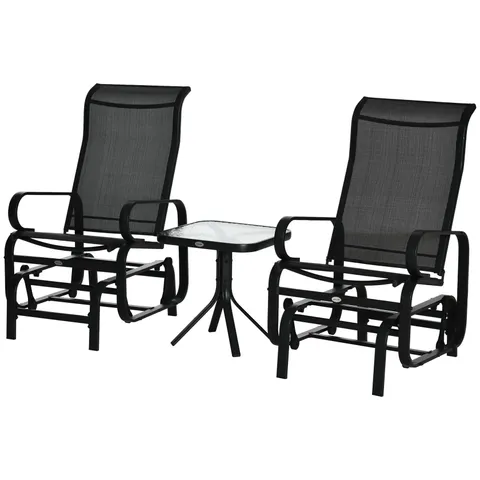 BOXED OUTSUNNY GLIDER ROCKING CHAIR SET WITH GLASS TOP COFFEE TABLE & BREATH MESH FABRIC SEAT, BLACK