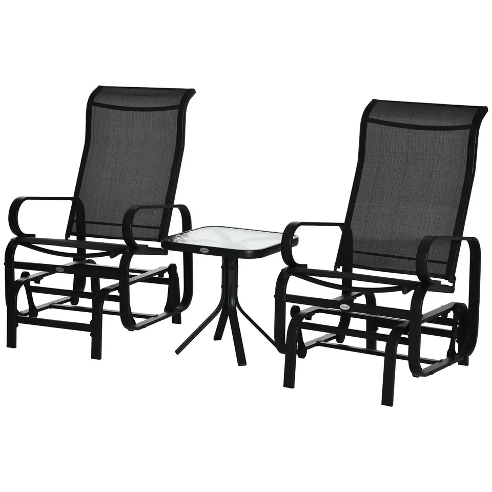 BOXED OUTSUNNY GLIDER ROCKING CHAIR SET WITH GLASS TOP COFFEE TABLE & BREATH MESH FABRIC SEAT, BLACK