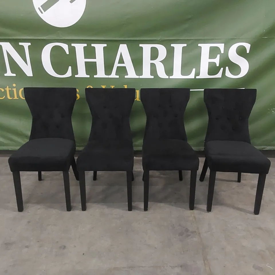 SET OF 4 KENSINGTON BLACK VELVET BUTTON BACK DINING CHAIRS - BLACK LEGS 