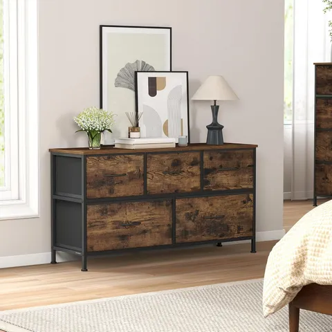 BOXED SONGMICS CHEST OF DRAWERS, 5 STORAGE DRAWERS BEDROOM - RUSTIC BROWN/BLACK