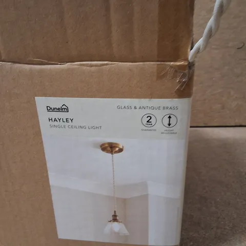 BOXED DUNELM HAYLEY GLASS & ANTIQUE BRASS SINGLE CEILING LIGHT