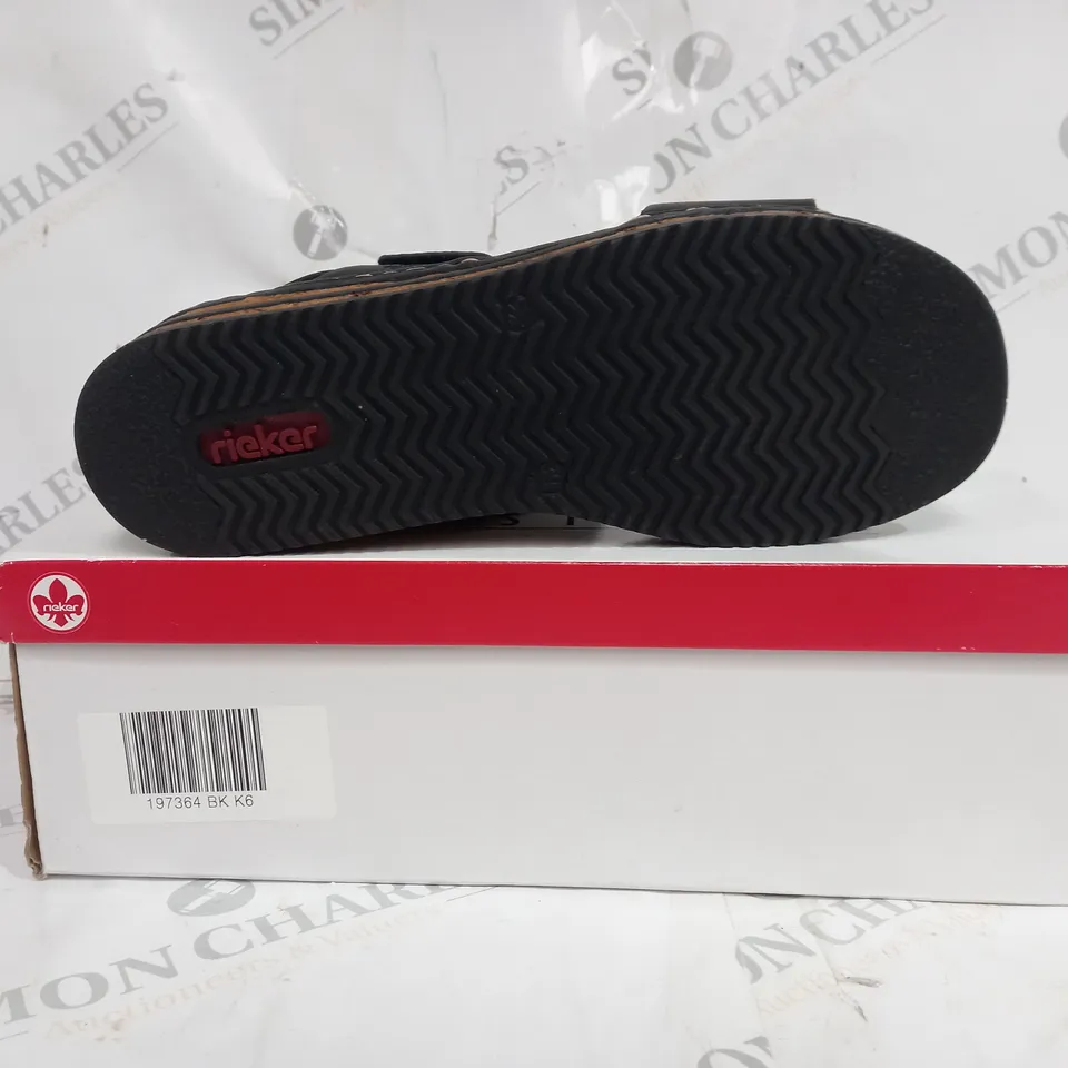 BOXED PAIR OF RIEKER WEDGE SANDALS IN BLACK SIZE 6