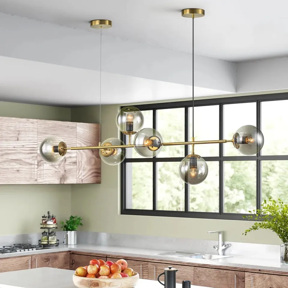 BOXED WORTHINGTON 6 - LIGHT GOLD LINEAR SPUTNIK CHANDELIER GLOBE GLASS BUBBLE (1 BOX)
