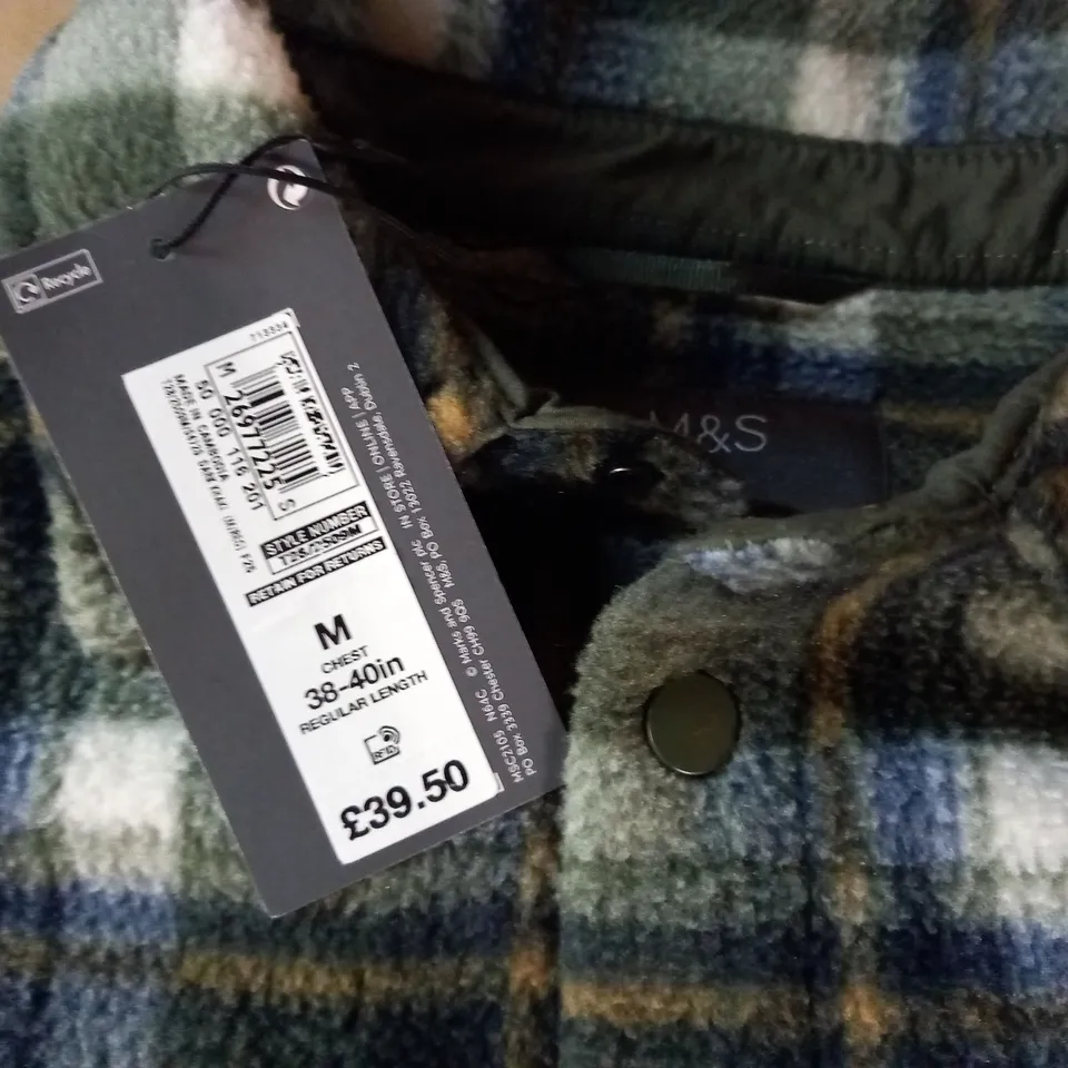 M&S GREEN CHECK FLEECE SHIRT - M REG 