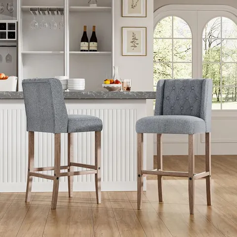 BOXED SET OF 2 SOUCY 67cm BAR STOOLS: CLASSIC BUTTON BACK & ERGO FOOTREST - GREY (1 BOX)