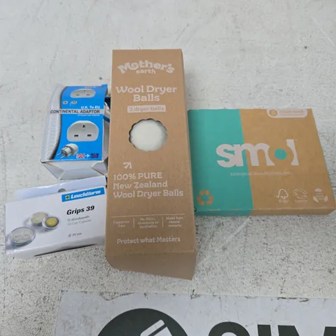 APPROXIMATELY 10 ASSORTED HOUSEHOLD PRODUCTS TO INCLUDE STORAGE CONTAINERS, ADAPTERS, DRYER BALLS ETC