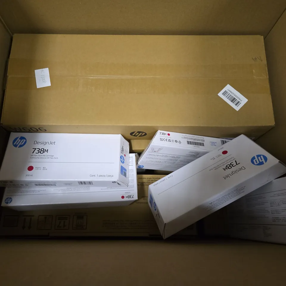 BOX OF APPROXIMATELY 10 ASSORTED PRINT CARTRIDGES & TONER CARTRIDGE TO INCLUDE - HP DESIGN JET 738M , HP W606 TONER ETC