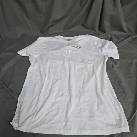 GUESS SHORT SLEEVE EMBROIDERED CREW TEE IN PURE WHITE SIZE L