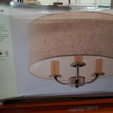 BOXED DUNELM PRESTON FLUSH CEILING LIGHT β BRUSHED CHROME EFFECT, 3βLIGHT WITH LINENβEFFECT SHADE