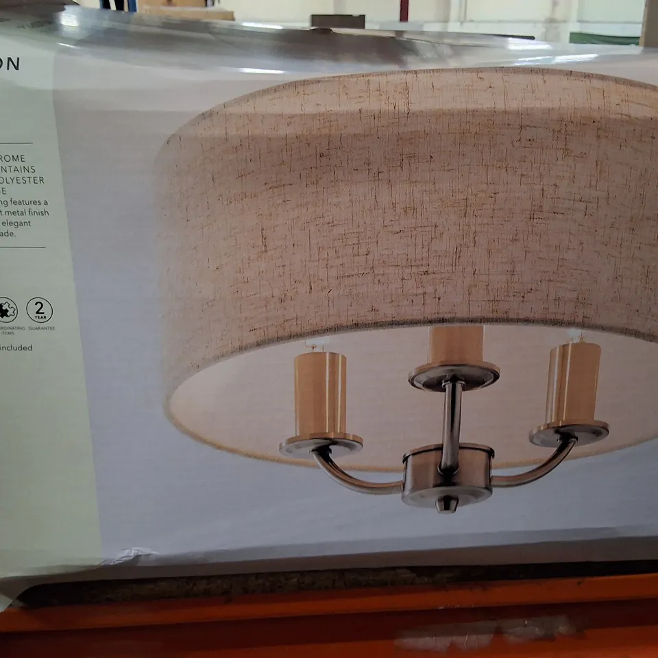 BOXED DUNELM PRESTON FLUSH CEILING LIGHT – BRUSHED CHROME EFFECT, 3‑LIGHT WITH LINEN‑EFFECT SHADE