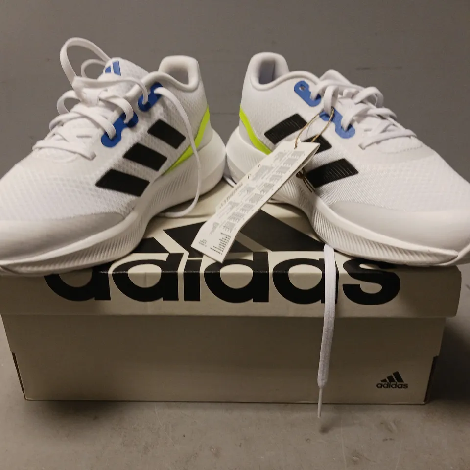 BOXED PAIR OF ADIDAS RUNFALCON 3.0 SHOES IN WHITE/BLACK/LIME/BLUE UK SIZE 5