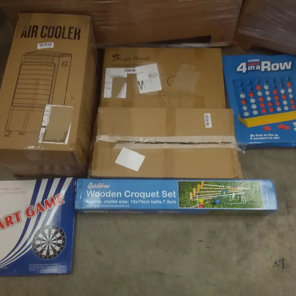 PALLET OF ASSORTED ITEMS INCLUDING AIR COOLER, JUMBO 4 IN A ROW, SINGLE HOMIE INDUCTION COOKER, QUICKDRAW WOODEN CROQUET SET, DART GAME, VIFLYKOO VINTAGE TURNTABLE 