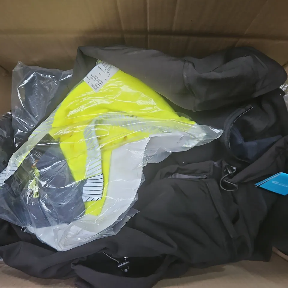 APPROXIMATELY 15 ASSORTED WORKWEAR CLOTHING ITEMS IN VARIOUS SIZES TO INCLUDE YOKO HI-VIS, NEONSTARS CHILDRENS WAISTCOAT, CEPOVETT POLO, ETC