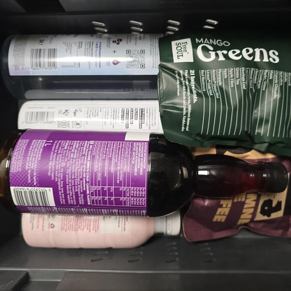 APPROXIMATELY 8 ASSORTED DRINKS ITEMS TO INCLUDE - GRIND HOUSE BLEND COFFEE , BULK CARAMEL , YFOOD FRESH BERRY ETC