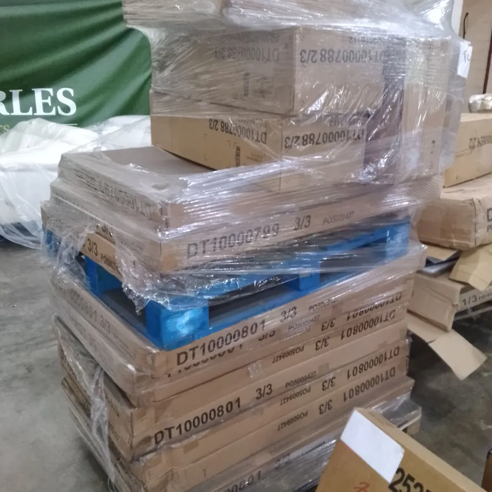 PALLET OF ASSORTED FLAT PACK DINING TABLE PARTS 