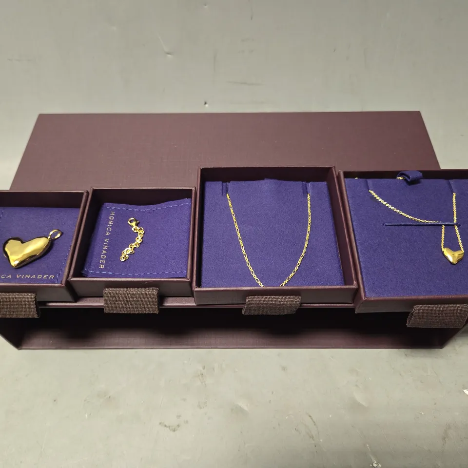 BOXED MONICA VINADER GIFT SET TO INCLUDE - GOLDEN NECKLACE , GOLDEN NECKLACE WITH HEART , HEART CHARM ETC