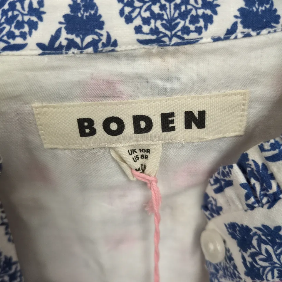 BODEN WOMEN'S FLORAL PRINT DRESS – BLUE DAMASK BODICE WITH PINK FLORAL SKIRT, UK 10R (US 6)