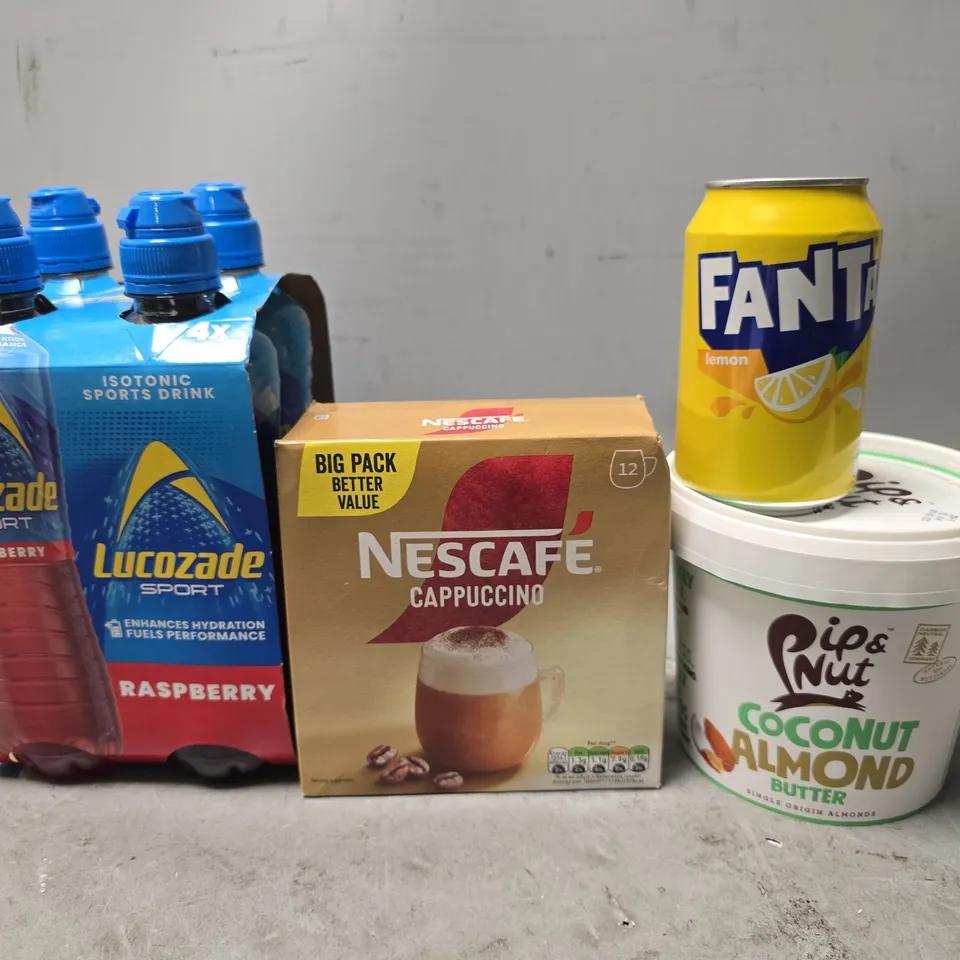 APPROXIMATELY 12 ASSORTED FOOD & DRINK ITEMS TO INCLUDE - LUCOZADE RASPBERRY , COCONUT ALMOND, NESCAFE CAPPUCCINO ETC