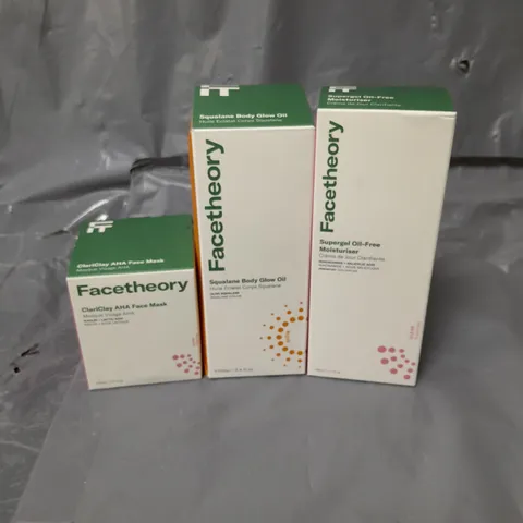 LOT OF 3 FACETHEORY SKIN CARE PRODUCTS TO INCLUDE BODY GLOW OIL 100ML, OIL FREE MOISTURISER 50ML AND CLARICLAY FACE MASK 50ML