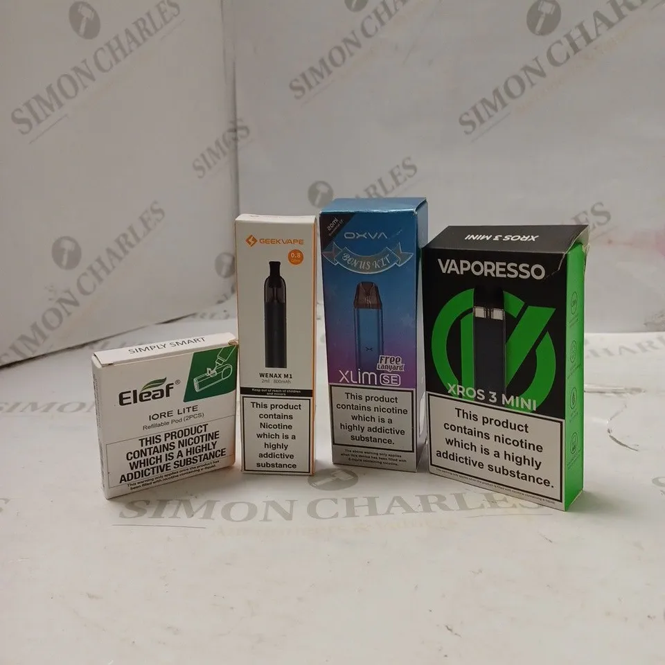 BOX OF APPROX 10 ITEMS TO INCLUDE ELEAF REFILLABLE POD, GEEK VAPE WENAX M1, OXVA XLIM SE. 