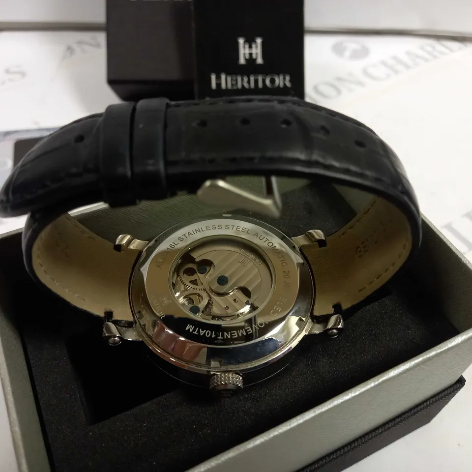 BOXED HERITOR EXPOSED FACE STAINLESS STEEL AUTOMATIC SUN AND MOON WATCH WITH BLACK LEATHER STRAP
