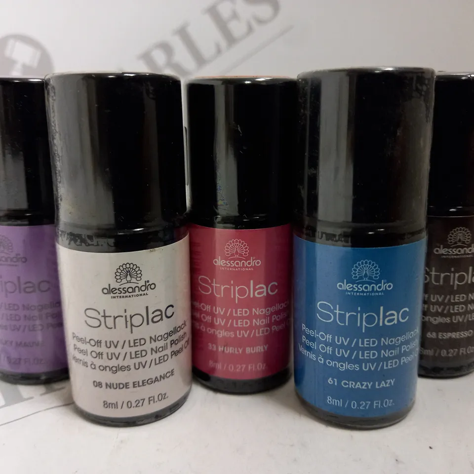 BOX OF APPROX 50 X 8ML ALESSANDRO STRIPLAC PEEL-OFF UV LED NAIL POLISH #34 SILKY MAUVE, 08 NUDE ELEGANCE, #33 HURLY BURLY, #61 CRAZY LADY, #68 ESPRESSO