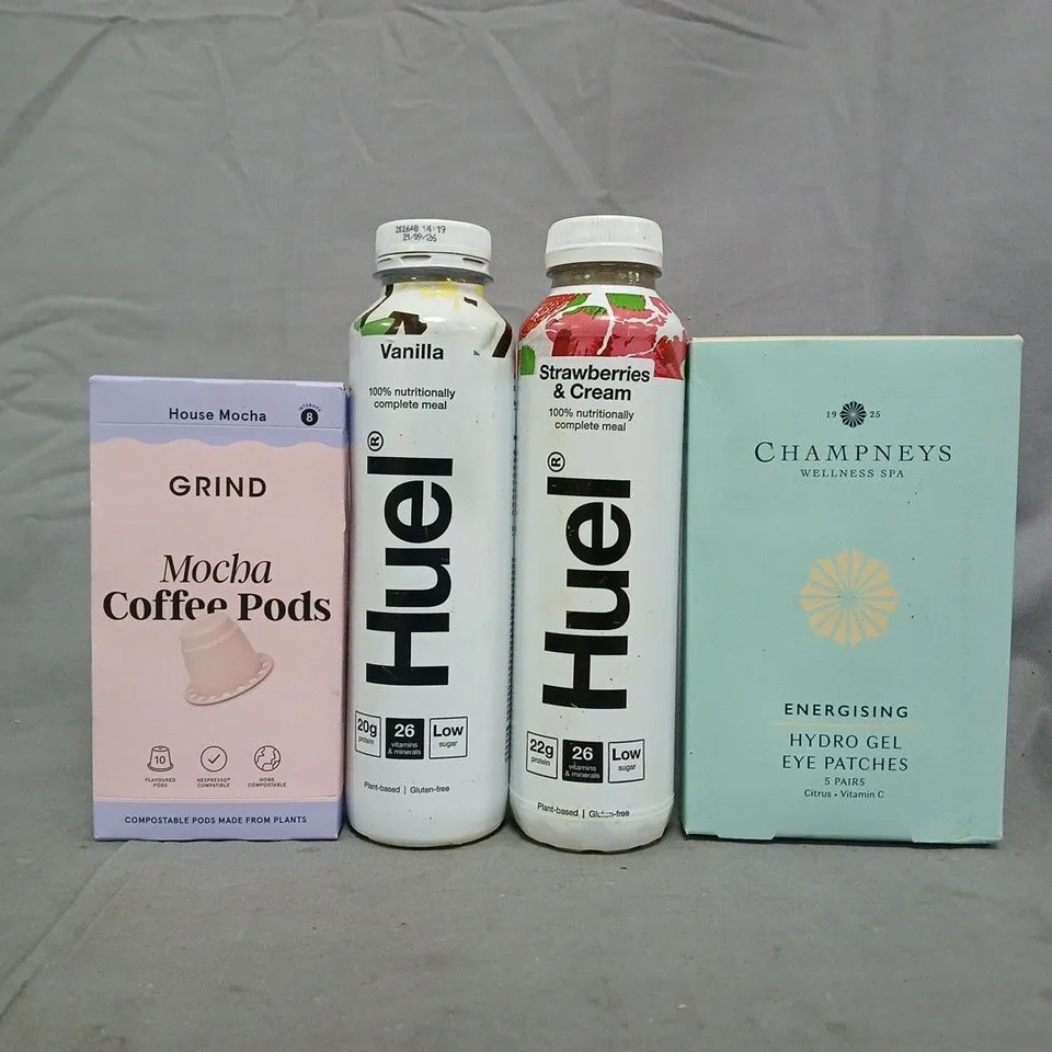 APPROXIMATELY 7 ASSORTED FOOD AND DRINK ITEMS TO INCLUDE HUEL, MOCHA COFFEE PODS, TRIP DRINK MULTIPACK, ETC